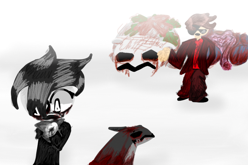 Короче, я насмотрелась ФНФ луллаби, который меня понравился frostbite, я решила пародировать и сделать в другом стиле: MePhone4S из Inanimate Insanity и IPhone 11 Δ, ЭТО ХОРРОР, думаю понравится, я просто мелкой тушью кистью с размером 6 все сделала, старалась, в итоге красиво!