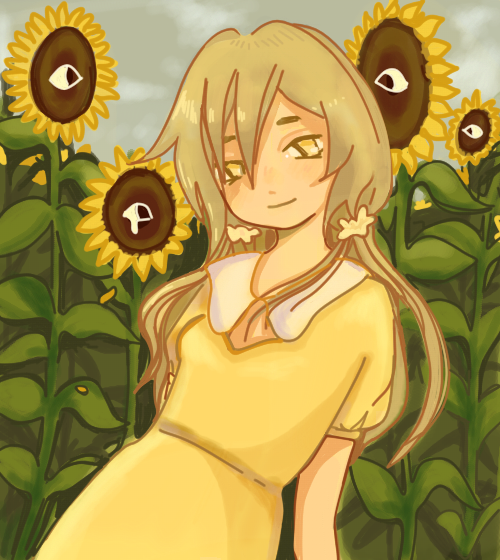 Короч эт на конкурс Юми.....ну её оска ассоциируется у меня с чем то детским (моё детство часто проходило в поле, полянках, на деревьях..типикал деревенское лето) по этому решила нарисовать её в поле подсолнухов НО сделать их немного жуткими ..по тому что потому. ..МУЕХХЕХЕХХЕХЕХЕХ