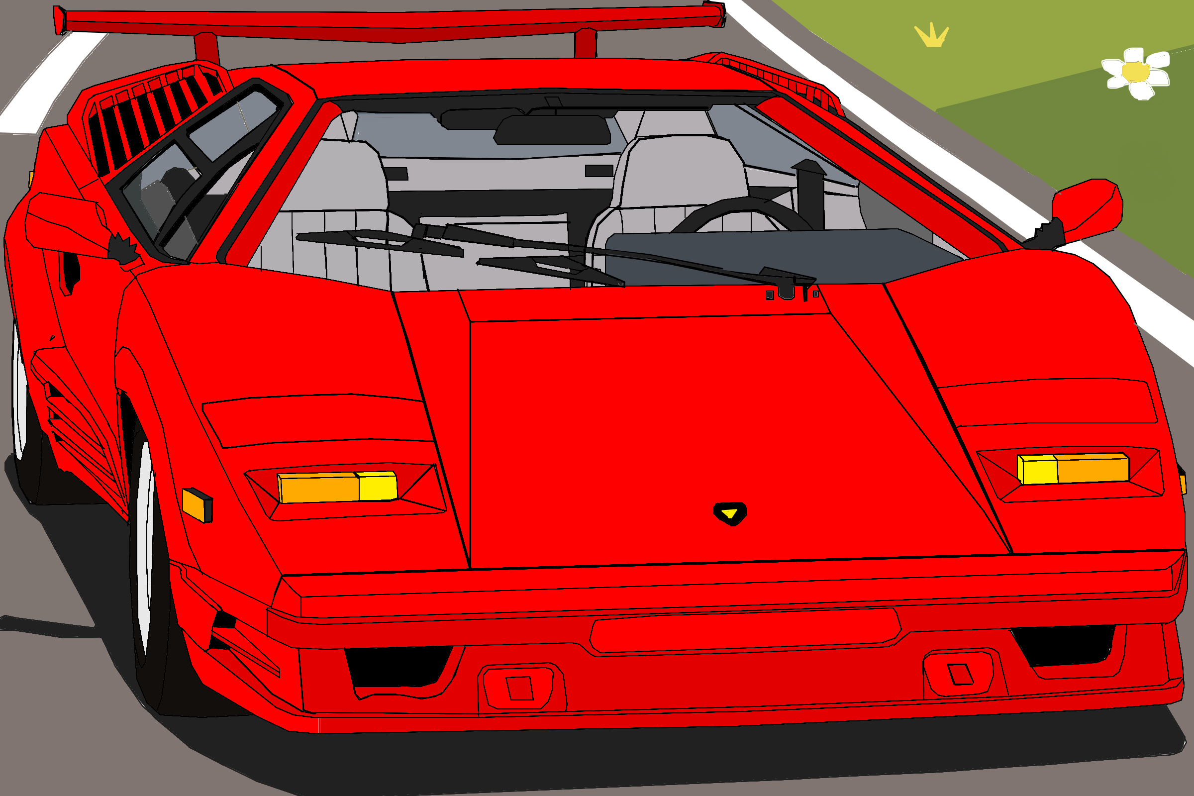 Lamborghini Countach — суперкар, выпускавшийся компанией Lamborghini с 1974 по 1990 год. Всего было произведено 1997 автомобилей этой модели. Слово countach — удивлённый возглас, использующийся мужчинами при виде очень красивой женщины на пьемонтском диалекте итальянского языка. Дизайн разрабатывал Марчелло Гандини из студии Bertone. В то время он был молодым и недостаточно опытным дизайнером, поэтому в Countach форма доминировала над функциональностью<br />
<br />
Дизайн и особенности<br />
<br />
- Клиновидный силуэт и угловатые формы. Кузов состоял из трапециевидных алюминиевых панелей с острыми углами, без плавных линий. Высота автомобиля — чуть более 1 метра, ширина — около 2 метров<br />
- Двери гильотинного типа («двери-ножницы»). Для открытия дверь поднималась и отталкивалась вперёд. Это решение было принято из-за большой ширины автомобиля: стандартные двери в таком случае были бы неудобны. <br />
- Пространственная рама из алюминия. Конструкция включала стеклопластиковое днище и подвеску на двойных поперечных рычагах и пружинах. <br />
- Продольное расположение двигателя. Это стало одним из ключевых технических решений модели. Аббревиатура «LP» в названии происходит от итальянского longitudinale posteriore — продольное расположение двигателя ближе к задней части автомобиля. <br />
<br />
Технические характеристики:<br />
<br />
- Двигатель. Атмосферный V12 разных объёмов и мощностей. Например, в модификации LP400S использовался двигатель объёмом 3,9 л и мощностью 375 л. с.. В более поздних версиях — V12 объёмом 5,2 л с четырьмя клапанами на цилиндр (quattrovalvole), мощность достигала 455 л. с.. <br />
- Трансмиссия. Пятиступенчатая механическая коробка передач. <br />
- Привод - Задний<br />
- Разгон до 100 км/ч. Зависел от модификации и составлял примерно 5–5,4 секунды<br />
- Максимальная скорость. У разных версий — от 300 до 295 км/ч<br />
- Размеры. Длина — 4140 мм, ширина (с зеркалами) — 1890 мм, высота — 1070 мм, колёсная база — 2450 мм, клиренс — 125 мм<br />