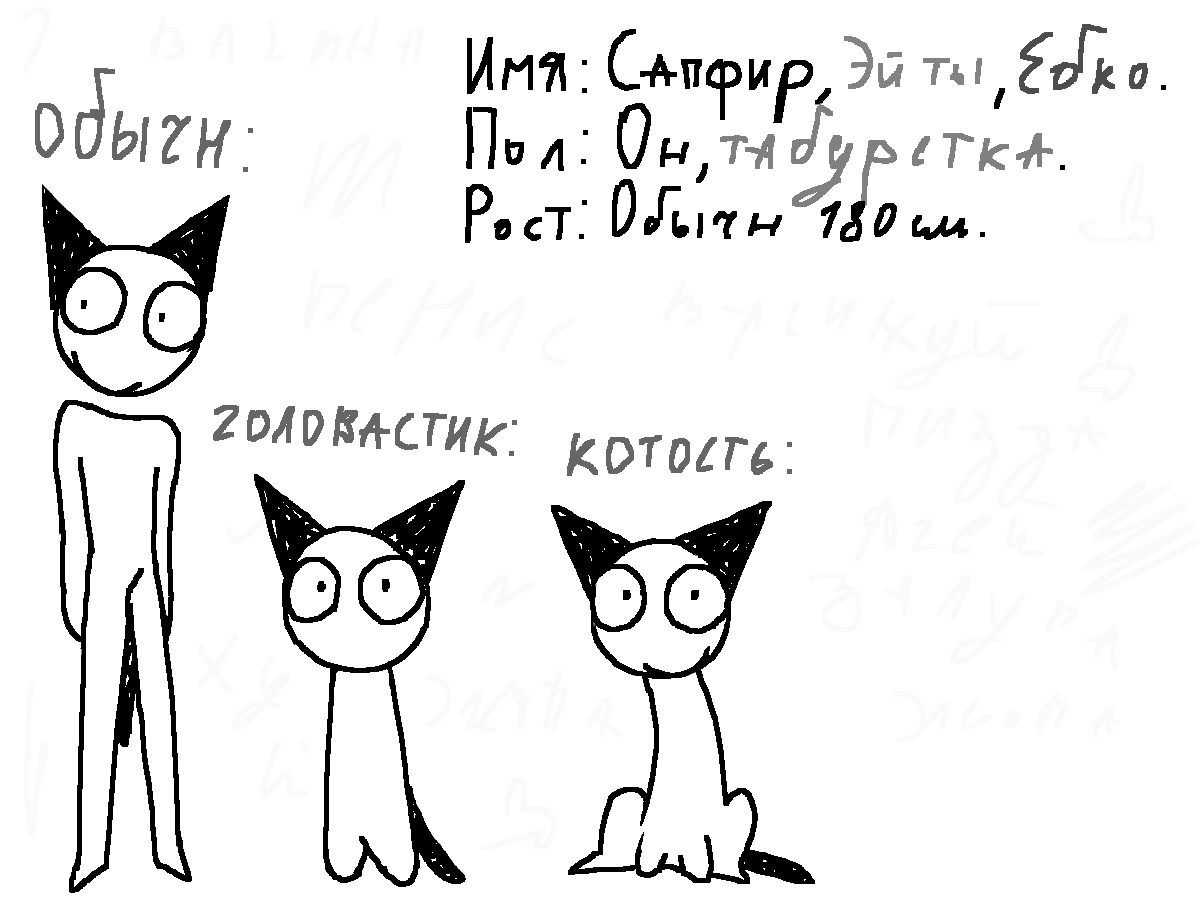 Тот самый фурр<br />
Его настоящее имя Сапфир, имя странное но не удивительно ведь я всегда осов называю первым чё пришло в голову <br />
В основном имя Сапфир не используется используется имя Ебко<br />
Его тут 3 это типо он же просто я иногда его на стикерах по разному рисовал поэтому у него 3 спрунки фазы вообще их больше но я не хочу рисовать я устал за сегодня вообще <br />
Он саморез чутка и режет уши ножницами мяу мяу его уши заново потом отрастают точнее максимум за день так резать их не больно но если это делать часто то потом касаться даже пиздец как больно будет хвост тоже так же отрастает но Сапфир его не режет <br />
Вообще не режет а отрезает нахуй ладно пофг<br />
У него нет лора вообще он просто хихи хаха ну как и все мои ос<br />
Как я его придумал я вроде говорил но повторю<br />
Мне в драварии родненькой постоянно пририсовывали чёрным уши и хвост котячие ну я начал с ними ся рисовать потом сделал аву но бюджета не хватило и вышел он и мне он понравился я его оставил <br />
Всё чё там серое второстепенное чем серее тем вы поняли<br />
Рисунок параша вообще мне пальцем плохо рисовать и рука устаёт я сижу не удобно вообще<br />
Он вообще не должен быть фурри но думайте о нём чё хотите<br />
Он чел весёлый лыбица постоянно возможно потому что он ебанутый я бы приписал ему все псих расстройства мира но не буду <br />
Он би ну как и я как и все почти мои ос доп хуйни нету он слишком глуп для такого <br />
Рост обычный 180 рост головастика 80 рост котости 85 см<br />
Вроде всё такое написал если что на стену допишу<br />
Могут быть ошибки в тексте я не смотрю что дрочу