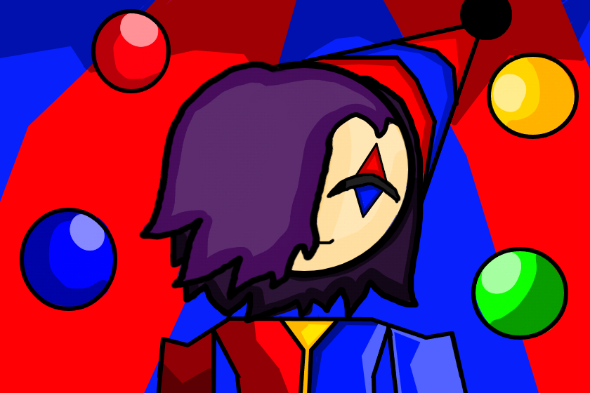 Это Джейд, отдельный "секретный" персонаж, он цирковой артис. (Секретные персонажи, это такие которые не используются, и не будут использоваться, и считаются просто вдохновением, такие персонажи могут отличатся от используемых: Настроением, палитрой, видом, и фоном. Такие персонажи могут поддерживать активность)