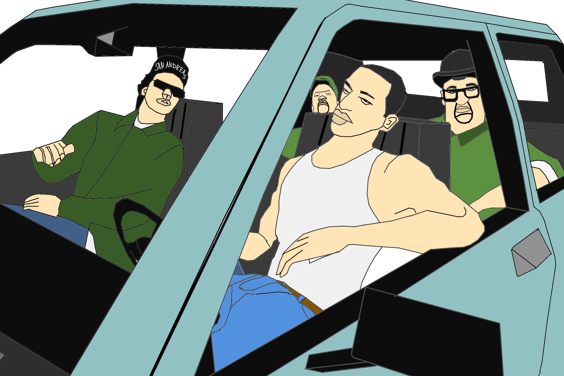 Я не силён в рисовании людей, поэтому так вышло, долго возился. Это Сиджей, Райдер, Биг Смоук и Свит игры GTA San Andreas. Вот оригинал, с которого срисовывал. Сначала зашёл в игру, потом загрузил миссию и затем сделал фото катсцены из неё https://iimg.su/i/JV0A6q