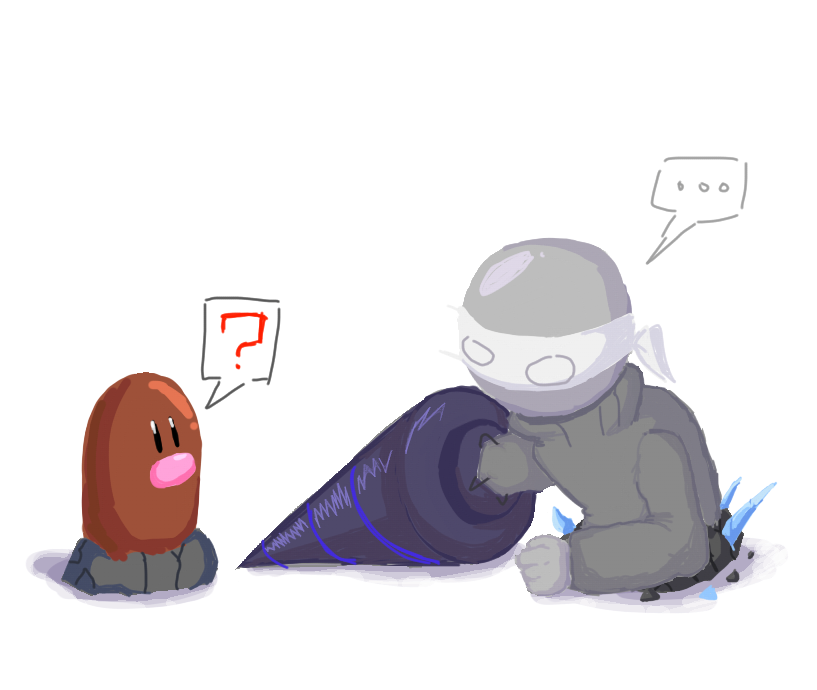 Рисовал на телефоне, ибо лёг уже в кровату. Впервые публикую что-то, что было на телефоне нарисовано.<br />
Выкопался из под земли серый дырокопик ледянящий мой...<br />
И Диглетт.