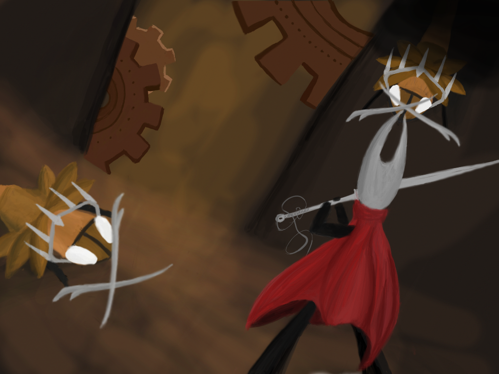 В общем я заколебался рисовать уже этот арт. Либо сейчас выложу, либо никогда.<br />
<br />
Артик по Silksong, я буквально влюбился в бой с этими заводными жучками.<br />
<br />
Решил не возиться уже с задниками, они довольно узорные, рисовать такое сущее мучение, да и у меня опыта маловато. Так что пусть уж будет так.