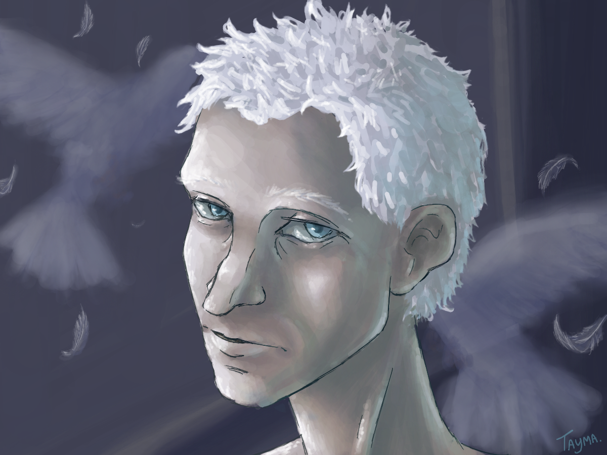 Почеркушка с Рутгером Хауэром в роли репликанта в фильме "Бегущий по лезвию". Фильм классный, актёр о*уенный.<br />
Кекаю с голубей на фоне (пыталась нарисовать типо они размытые), поэтому тут выложу с ними, а в вк\тгк закину еще варик без них :^