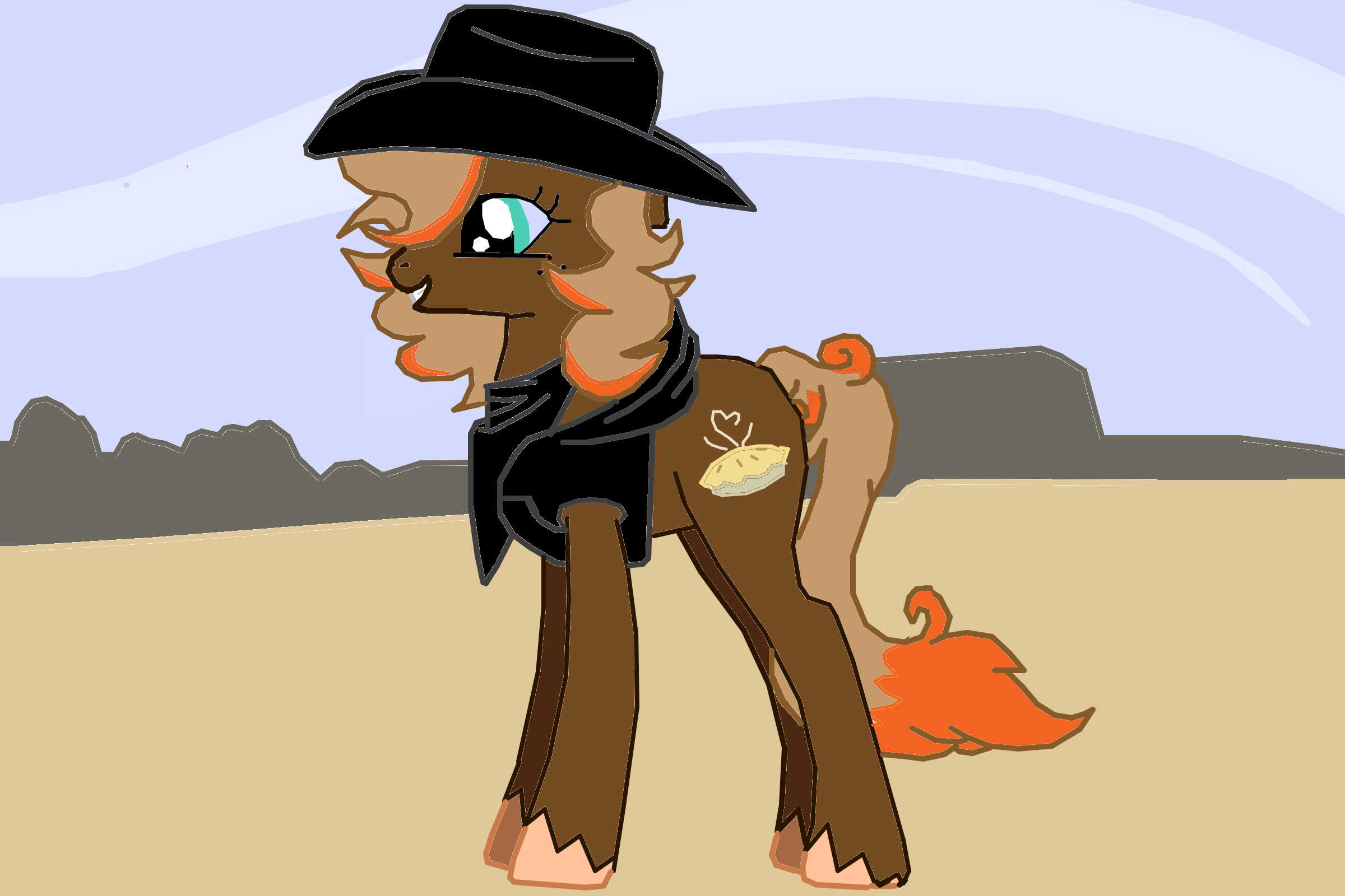 Создал её в поникреаторе. Эта пони - ковбой, её зовут Джессика. Очень дальний родственник Эпплджеки. Она американка, живет в Америке, в штате Техас, в большом, красивом, двухэтажном доме. Она домохозяйка, очень хорошо готовит, особенно вкусными у нее получаются торты. Отзывчивая, гостеприимная и добрая. Ее часто навещают родственники, где отмечают ее кулинарные таланты