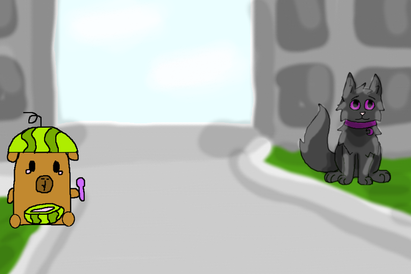 Мини коллаб. Здесь изображены Арбузик(персонаж пользователя Monika) и Но-чи(персонаж пользователя Finchy_Rus).