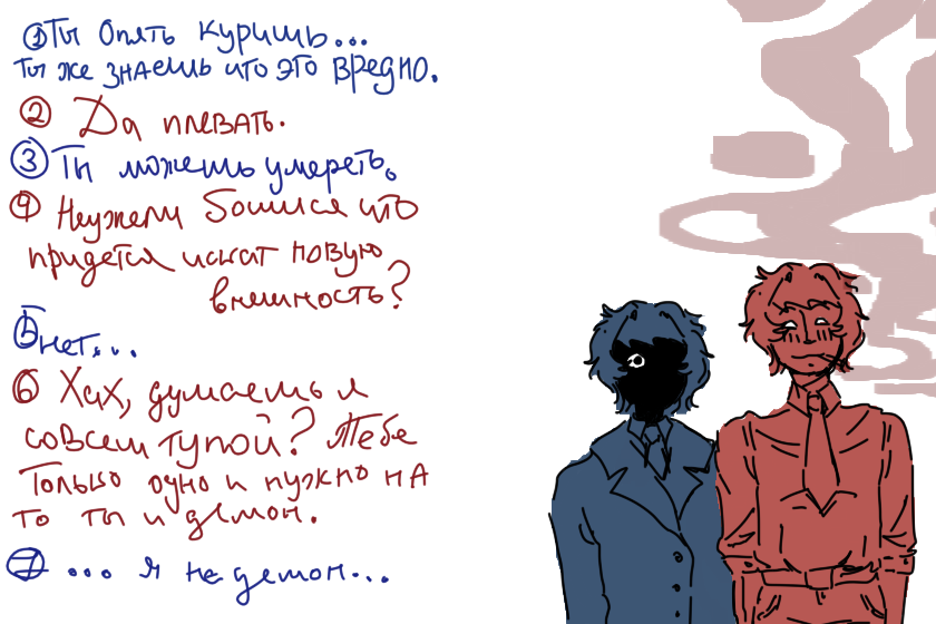 (опять же могут быть ошибки)<br />
Вот такие у них разговорчики. я пытался передать разные характеры и стильт общения, думаю буду совепшенствоватся пока буду развиват их лор