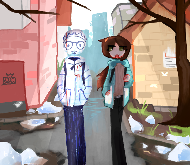 На конкурс Bank_Rabbit<br />
обычно весной я гуляю после школы со своим дружком пирожком ботаником228<br />
на него на рисунке не хватило бюджета, да... он мой школьный друг и он пятерошник вот... заканчивала рисунок сегодня с больной головой, а еще я зря наговорила тогда на лонети потому что слой со снегом закопался под другие, в самый низ... а когда я его нашла я его стерла, ибо снег выглядел слишком грязно (я не хотела бы грязью портить сам рисунок) и еще я не умею рисовать мокрый асфальт, но думаю потом когда-нибудь научусь...<br />
так шо так...<br />
а вообще весной прикольно (кроме того что на каждом шагу собачье говно), тепло, насекомые просыпаются, гусеницы ползут, бабочки летают<br />
так хорошо на душе становится, легко и беззаботно <br />
и еще весеннее обострение<br />
и у меня тоже крышет еда<br />
вотссс... было интересно рисовать на эту тему, не знаю, не старалась особо, где-то пару дней с большими перерывами рисовала <br />
в целом часов наверное 5-6 и то не факт тк я не засекаю<br />
ну все<br />
всего хорошего и чего-нибудь еще