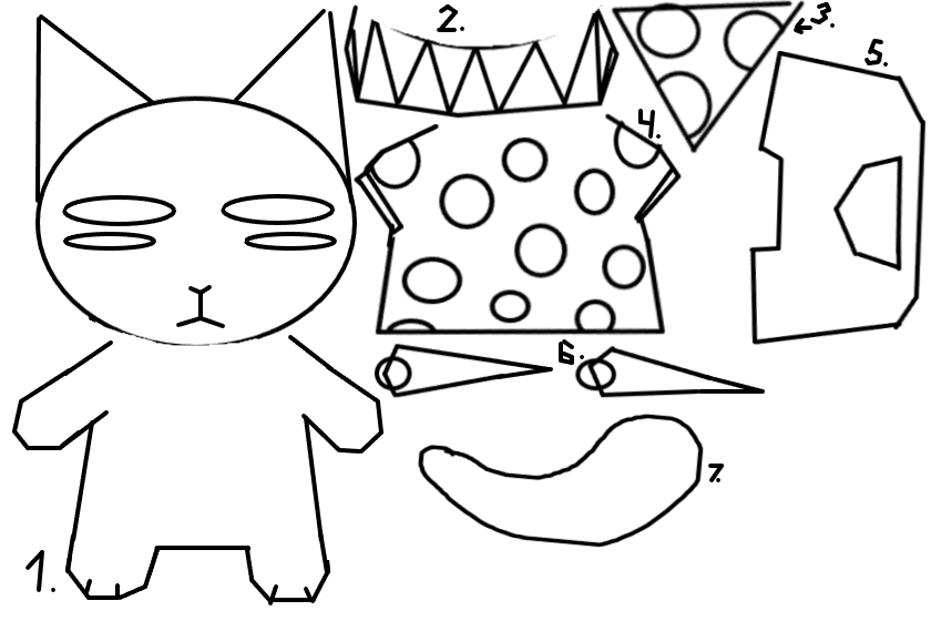 я не знаю зачем это тут но это котик клоун чтоб делать из фетра<br />
6. это лямки для комбинизона <br />
делала по 1 предмету (кроме 6 номера)<br />
потому что можно перевернуть и обвести<br />
<br />