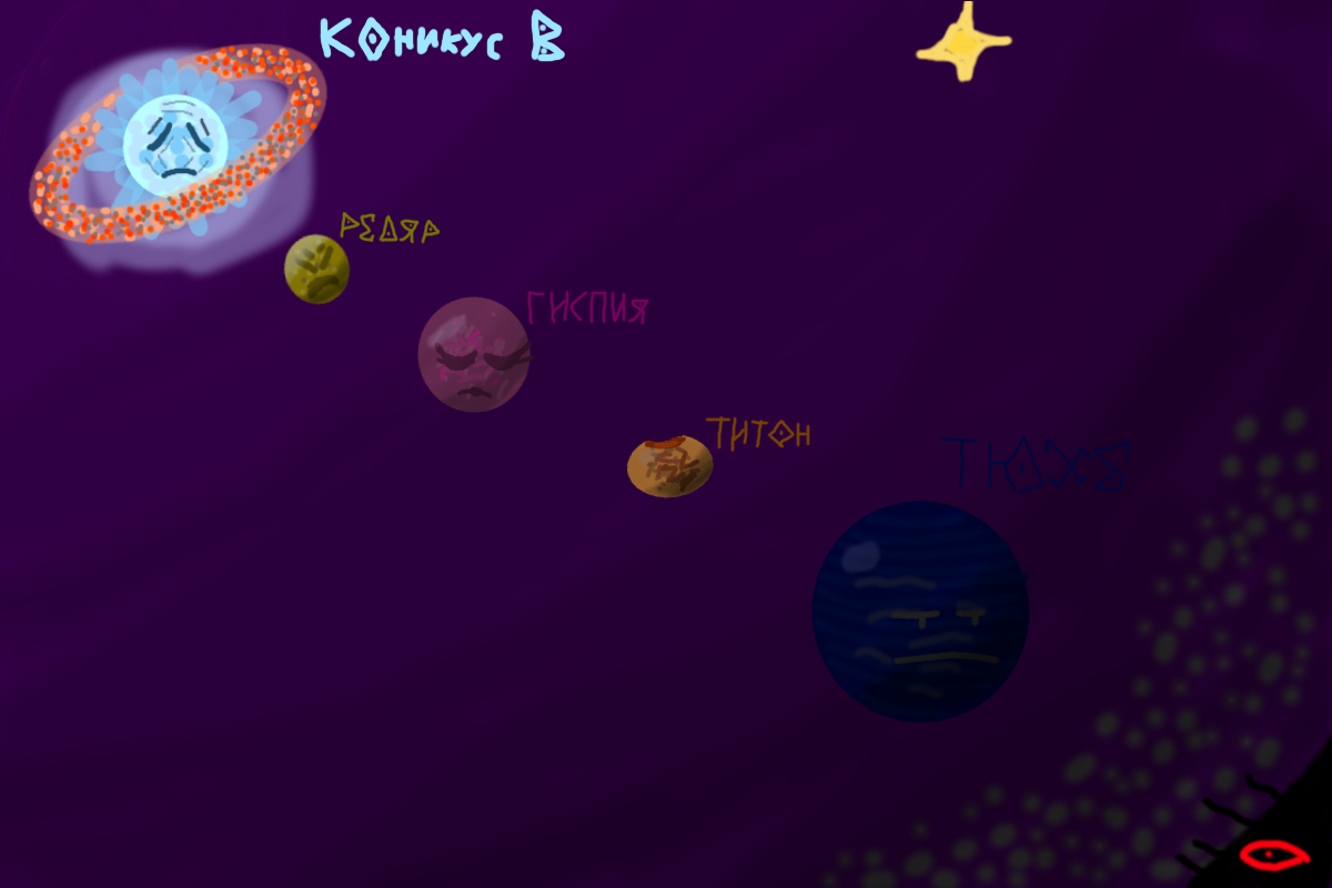 Коникус В - очень старый недовольный белый карлик<br />
Коникус В b (Редьяр) - маленький, каменистый и вечно сердитый<br />
Коникус В с (Гиспия) - суперземля, милая и стеснительная, имеет маленькие спутники.<br />
Коникус В d (Титон) - каменистый, пережил столкновение с другой планетой, из-за чего лежит на боку<br />
Коникус В е (Тюхе) - далëкий, мистический ледяной гигант, который позже попал под контроль КЗТ<br />
Также вокруг Коникуса В вращается кольцо из обломков планеты Коникус f (Тайя), которая была брошена в звезду гравитацией Тюхе